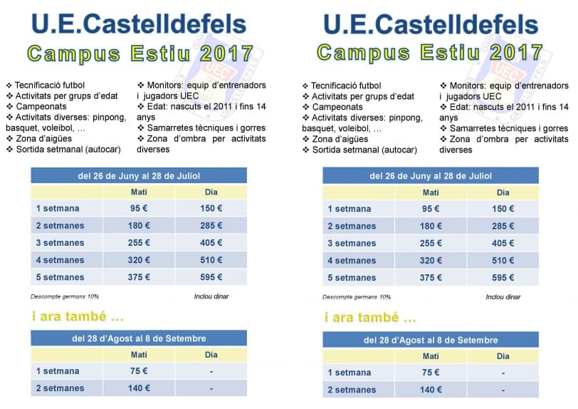 OBERT PERÍODE D'INSCRIPCIÓ CAMPUS SETEMBRE UE CASTELLDEFELS 2017