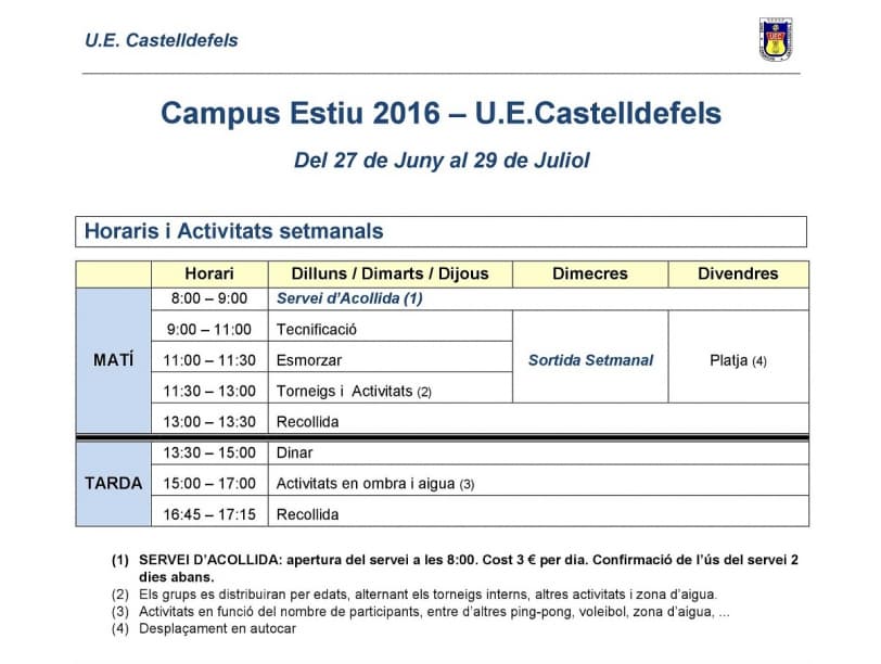 ACTIVIDADES CAMPUS VERANO UE CASTELLDEFELS 2016